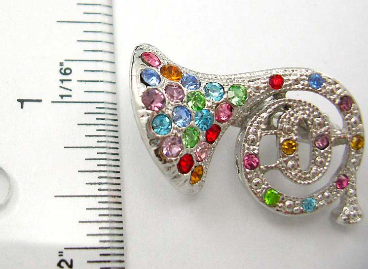fashion music instrument jewelry brooches & pin accessories wholesale - music instrument pin in horn design with multi assorted color cz embedded   