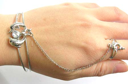 sea life animal slave jewelry fashion bangle bracelet wholesaler supply double dolphin holding a clear cz slave bangle bracelet
