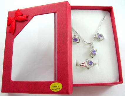Fashion jewelry design wholesale silver plated necklace, stud earring and ring with purple cz flower design