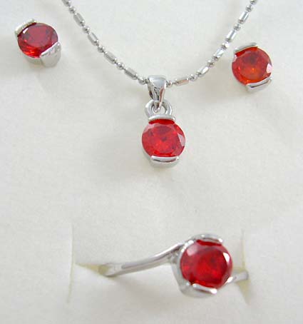 Sparkle cz jewlery gift store wholesale necklace, stud earring and ring embedded red rounded cz stone at center design