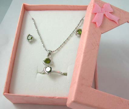 Component jewlery wholesale silver plated necklace, stud earring and ring with green cz stone in rounded shape design