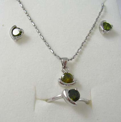 Component jewlery wholesale silver plated necklace, stud earring and ring with green cz stone in rounded shape design