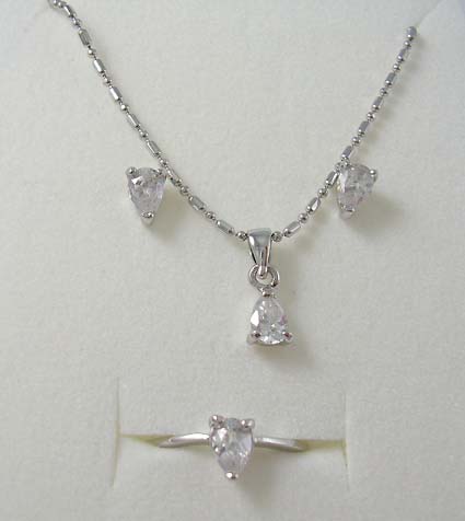 engagement jewelry and wedding set with diamond cz wholesale supplier, silver plated chain necklace, stud earring and ring with a clear cz stone in pearl-shaped design