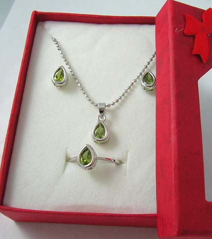 wholesale costume cz jewelry set distribute ball chain necklace, stud earring and ring with green cz embedded silver plated pearl shape