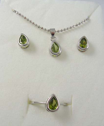 wholesale costume cz jewelry set distribute ball chain necklace, stud earring and ring with green cz embedded silver plated pearl shape