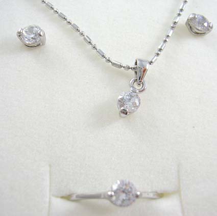 Sweet Bridal jewelry set online store silver plated chain necklace, stud earring and ring with clear cz in rounded shape design