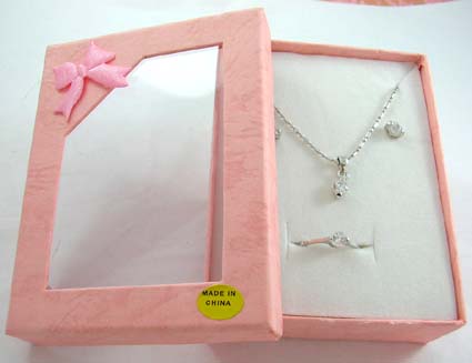 Sweet Bridal jewelry set online store silver plated chain necklace, stud earring and ring with clear cz in rounded shape design