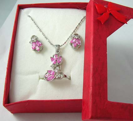 Jewelry gift set store online silver plated necklace, stud earring and ring with triple olive purple cz paired with mini clear cz stone in leaf pattern design