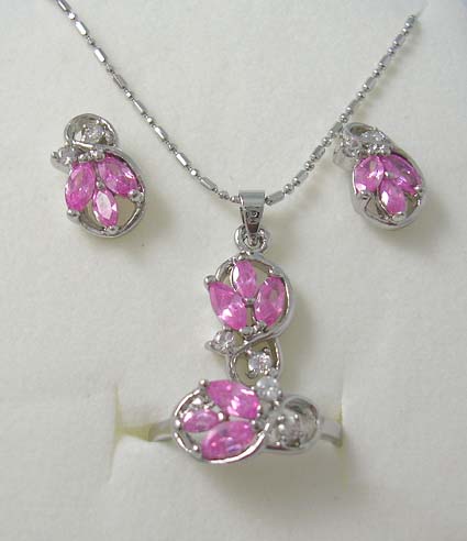 Jewelry gift set store online silver plated necklace, stud earring and ring with triple olive purple cz paired with mini clear cz stone in leaf pattern design
