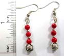 Bali silver rounded beads fish hook earring with 3 rounded red faux stone embedded 