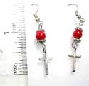 Fashion fish hook earring in cross design with rounded red faux stone inlaid 