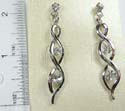 Fashion long earring in two wavy lines design with 3 rounded clear cz stone in middle and on top