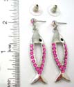 Fashion earring featuring brilliant pink cz stone embedded cut-out fish pattern design with circular iridescent crystal on top. Post back