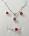 Fashion jewelry box set, silver plated chain necklace, stud earring and ring with red cz stone in rounded shape. Spring ring clasp
