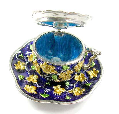Collectible display box catalog wholesale company supply cup enamel jewelry box with yellow floral design in dark blue color 