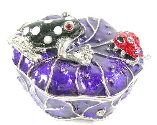 display faux jewelry boxes supplies wholesaler wholesale purple enamel jewelry box with a frog and a red bug     