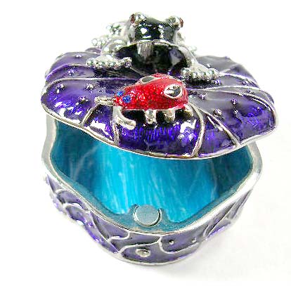 display faux jewelry boxes supplies wholesaler wholesale purple enamel jewelry box with a frog and a red bug     