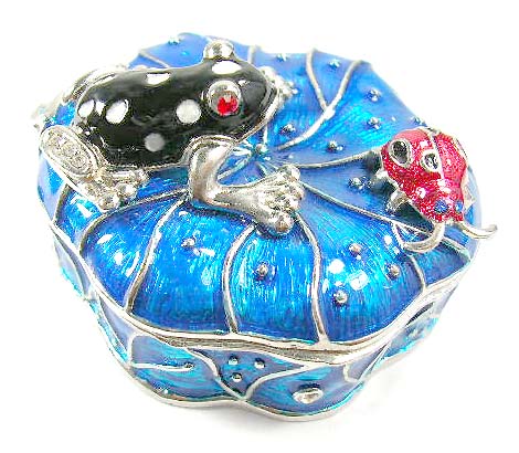 costume animal gift display, jewlelry cases, online wholesale supply blue enamel jewelry box with a black frog and a red bug     