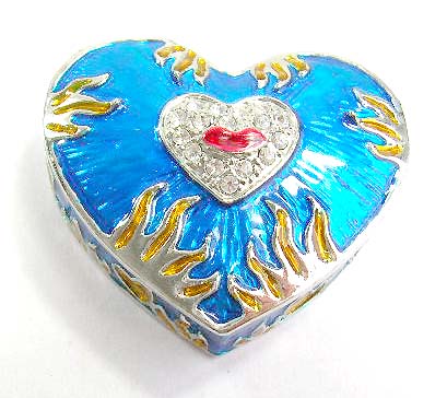 fashion boxes packaging jewelry inspired of heart shape wholesale supply blue enamel jewelry box in heart shape with double heart and fire pattern      