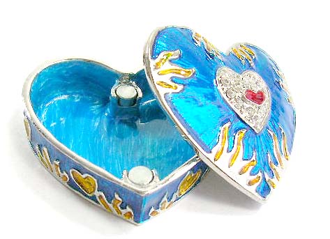fashion boxes packaging jewelry inspired of heart shape wholesale supply blue enamel jewelry box in heart shape with double heart and fire pattern      