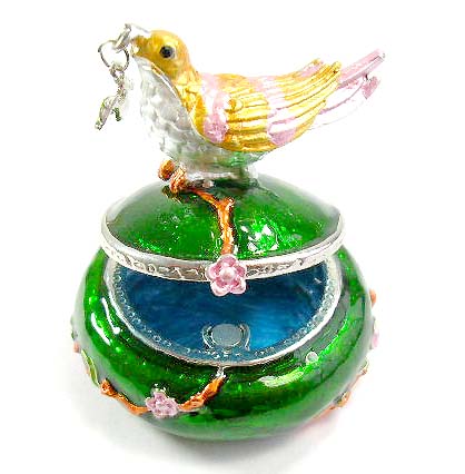 vintage delicate packaging jewelry supplies wholesale distribute enamel green jewelry box motif bird figure holding a cz cherry in a mouth