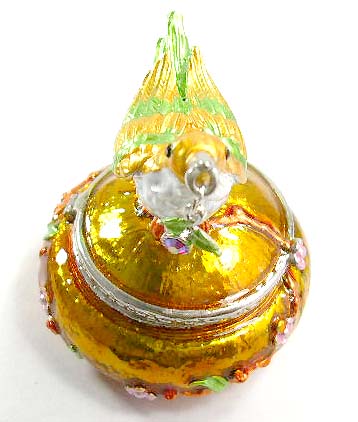 antique design jewelry gift display cases wholesale supplier, enamel gold jewelry box motif bird standing figure holding a cz cherry in mouth