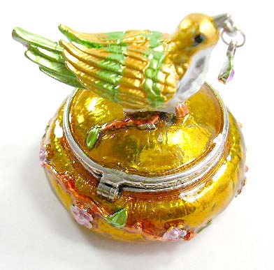 antique design jewelry gift display cases wholesale supplier, enamel gold jewelry box motif bird standing figure holding a cz cherry in mouth