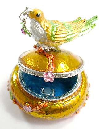antique design jewelry gift display cases wholesale supplier, enamel gold jewelry box motif bird standing figure holding a cz cherry in mouth