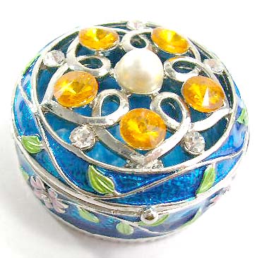 Jewelry box store from Canada wholesale blue enamel jewelry box motif filigree flower and pearl bead  