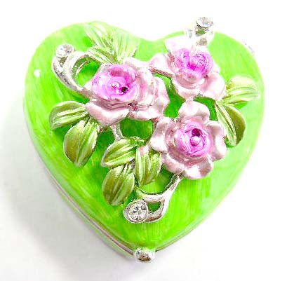 online wholesale love & heart jewelry boxes supplier, green enamel jewelry box in heart shape motif flower pattern design  