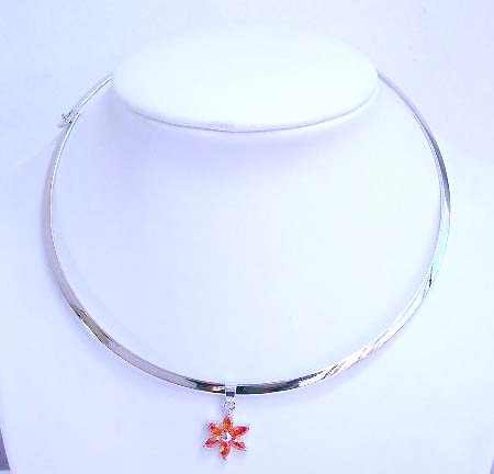wholesale cuff jewelry necklace cz pendant supplier, cuff necklace with pendant and an orange cz motif flower design