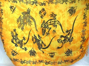 pareos wholesale. yellow tie-dye gecko and tattoo design sarong pareo.