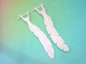 Hand carved natural bone earrings feather dangle