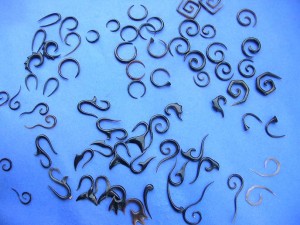 mixed horn tapers, earrings, claws, spirals, hoops, stretchers, most are small gauge