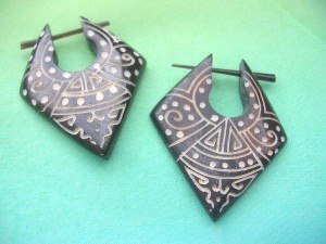 Hand Carved Buffalo Horn Pin Earrings With Tribal Primitive Design