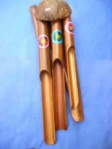 small size gecko painting bamboo wind chime made in Bali Indonesia 13 to 14 inches long from top coconut to end of the longest bamboo pipe
