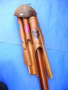 small size multiple color turtles painting bamboo wind chime made in Bali Indonesia 13 to 14 inches long from top coconut to end of the longest bamboo pipe