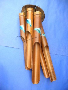 large size dolphin painting bamboo wind chime made in Bali Indonesia 24 to 25 inches long from top coconut to end of the longest bamboo pipe