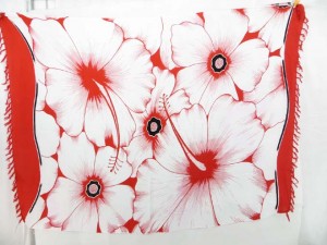 red and whtie Hawaiian long sarong with large hibiscus flowers