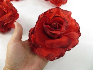 Red color stylish rose flower corsage with glitter edging and elastic