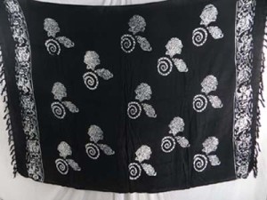 monocolor black sarong hand stamped prints with leaves, sun, dolphin, seashell, palm leaves etc tropical designs mixed designs randomly picked by our warehouse staffs 