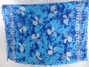 monocolor blue sarong hand stamped prints with leaves, sun, dolphin, seashell, palm leaves etc tropical designs mixed designs randomly picked by our warehouse staffs 