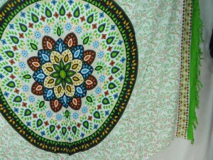 hippie bohemian wall art mandala sarong shawl green on white, green edge