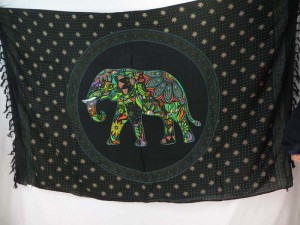 green mosaic elephant in mandala circle black sarong