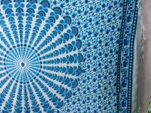 blue on white peacock feather mandala sarong