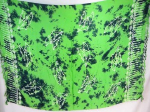green monocolor sarong with gecko, flower, turtel, fish, sun, dolphin, seashell, palm trees etc tropical designs