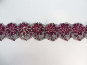 magenta 2.5 inches wide large flower gold metallic netting lace trim