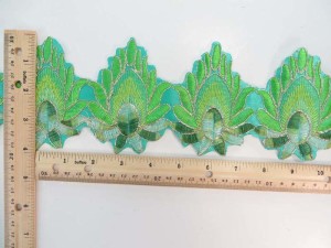 green 4 inches wide large flower gold metallic embroidered lace trim