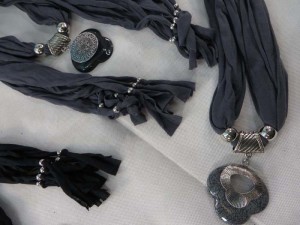 black, brown and grey scarves with jewelry attached, imitation gemstone pendant charm scarf necklace.