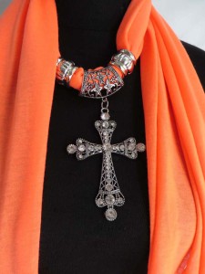 cross pendant charm scarf necklace, scarves with jewelry attached.